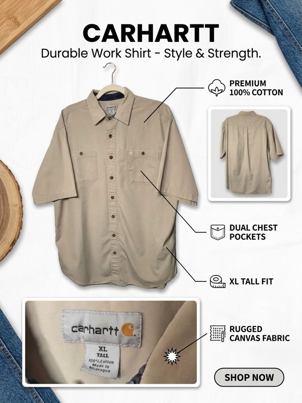 Carhartt Men’s Short-Sleeve Button-Down Shirt in Khaki